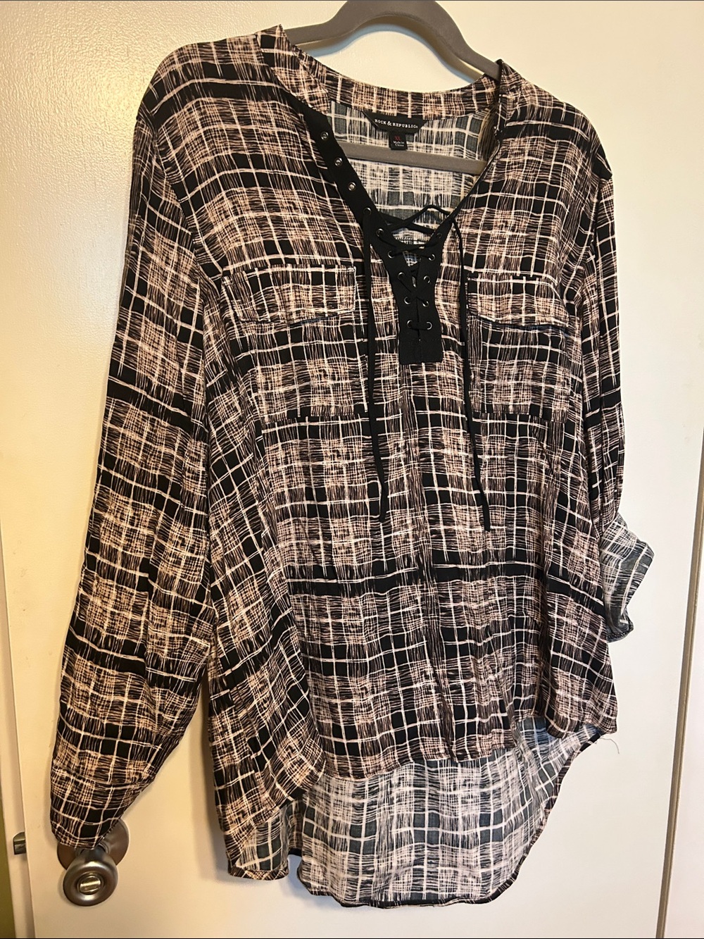 Rock & Republic Black and White Plaid Lace-Up Shirt